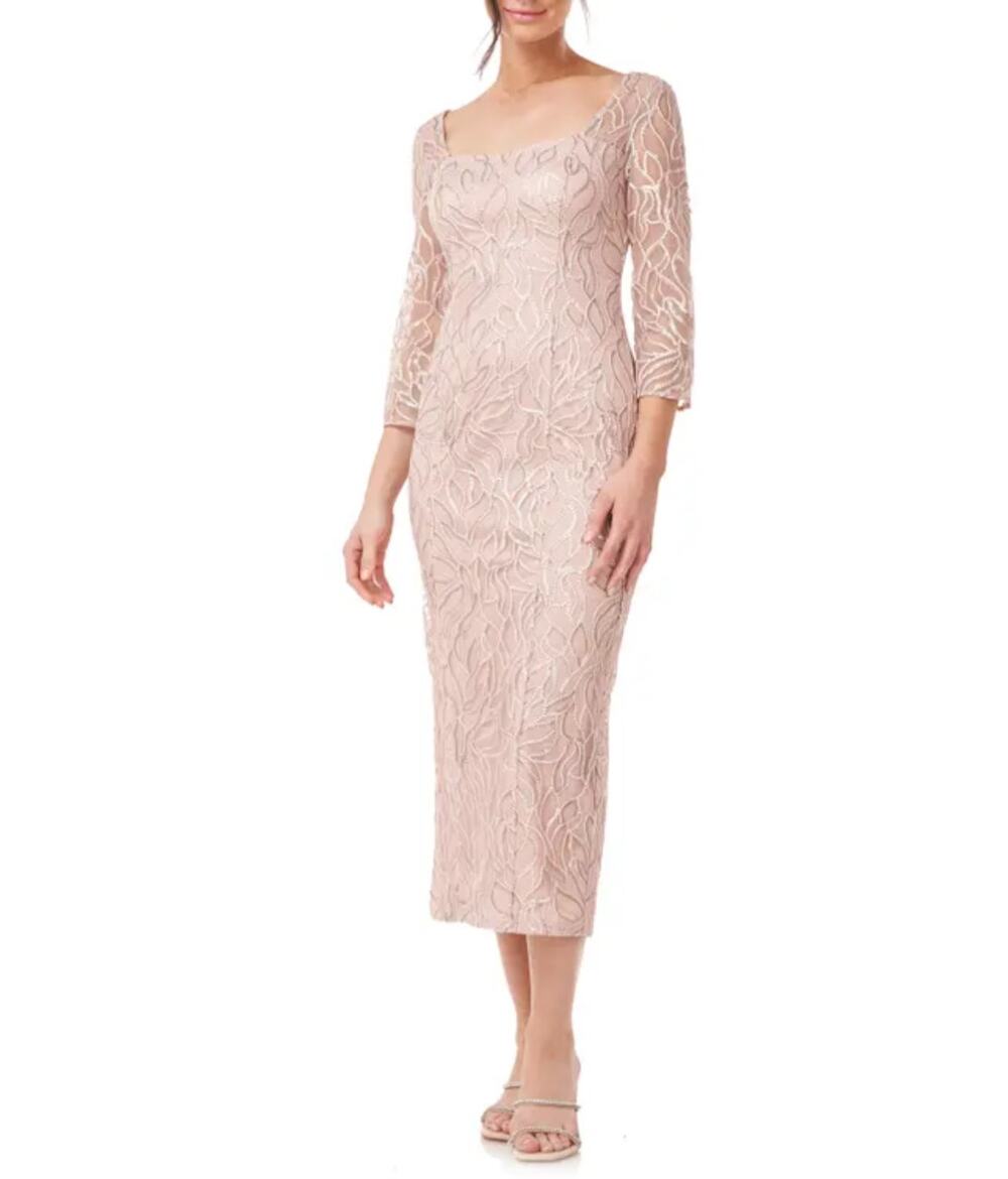 JS Collections Pink Evening Gown Sequined Long Sleeve Midi Sheath Dress Size 6